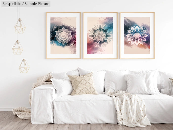 Modern living room with white sofa, cushions, and three geometric art prints on the wall. Hanging lights on the side.