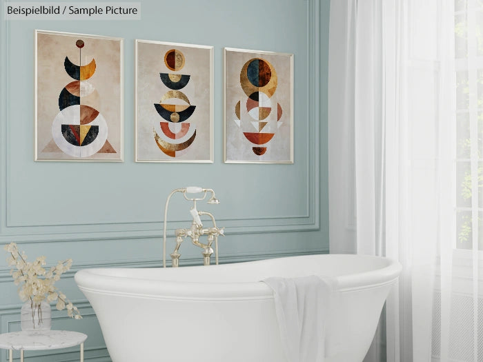 Bathroom with freestanding tub, modern artwork on wall, light blue walls, white curtains, and floral decoration.