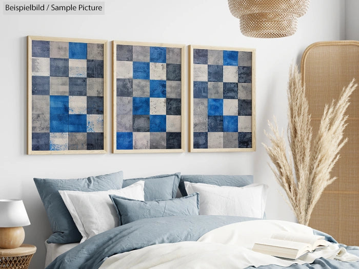 Bedroom with gray and blue bedding, three abstract blue and gray checkered paintings above the bed, and dried pampas grass.