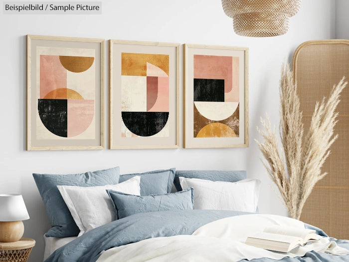 Bedroom with beige walls, abstract art, blue bedding, and dried pampas grass in a vase.