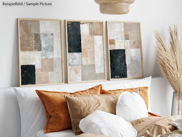 Contemporary bedroom with abstract paintings above the bed, featuring beige, white, and black geometric patterns.