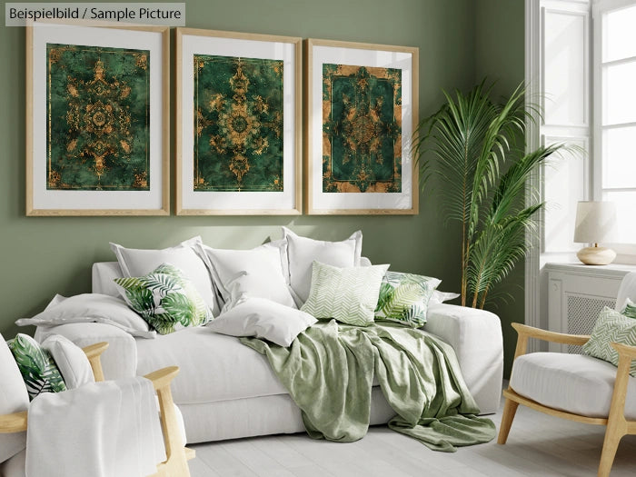 Modern living room with white sofa, green cushions, gold-accented art on walls, and tall indoor plant.