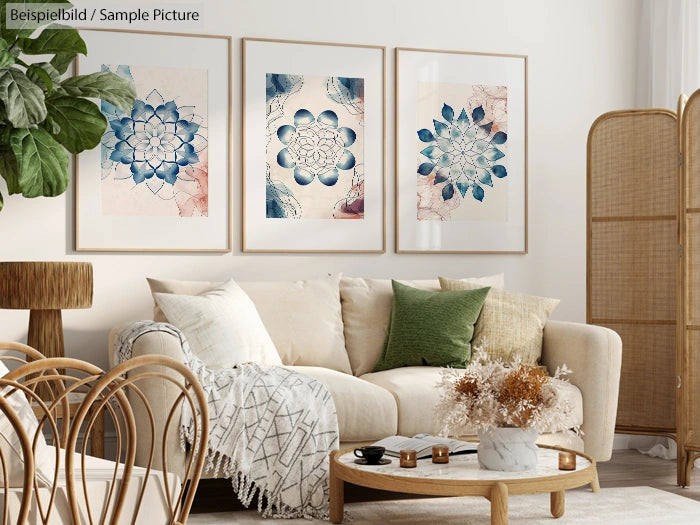 Modern living room with beige sofa, wicker chairs, and floral art prints on wall. Neutral decor with green accents.