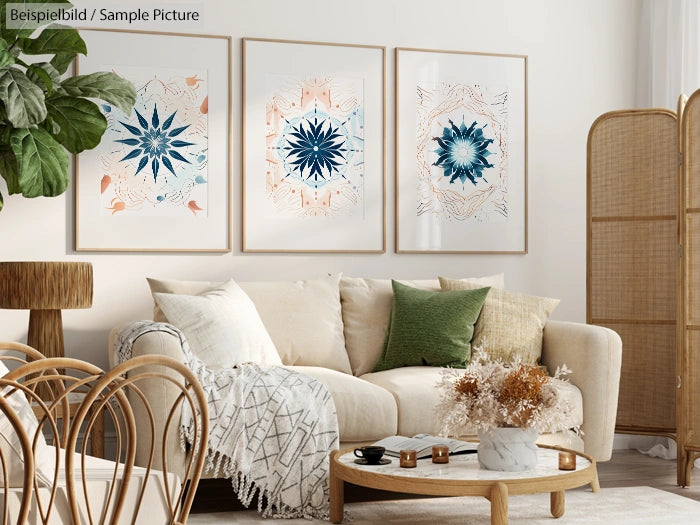 Cozy living room with beige sofa, green cushions, and three geometric wall art pieces.