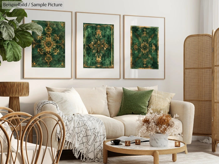 Modern living room with beige sofa, green cushions, wooden accents, and three abstract green and gold wall artworks.