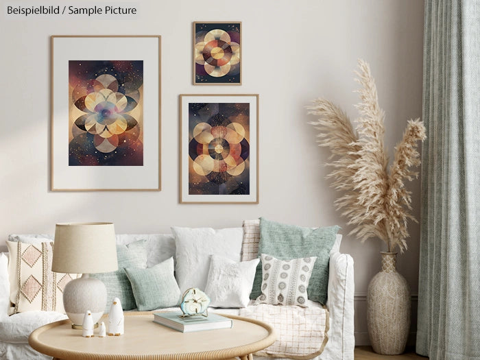 Modern living room with geometric art prints on wall, neutral decor, and pampas grass in a vase.