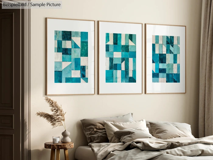 Three framed abstract geometric art pieces in blue and green hues on a wall above a bed with neutral-toned pillows.