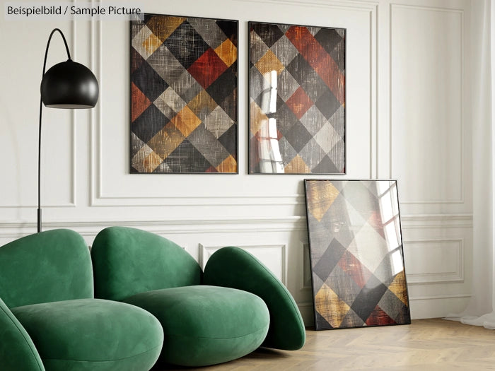 Modern living room with green sofa, geometric art on walls, and a black floor lamp.