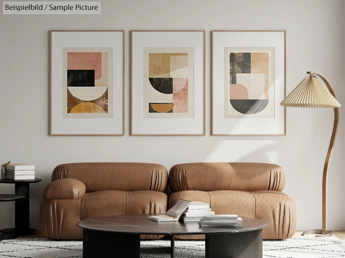 Modern living room with abstract art, brown leather sofas, round table, and a unique floor lamp.