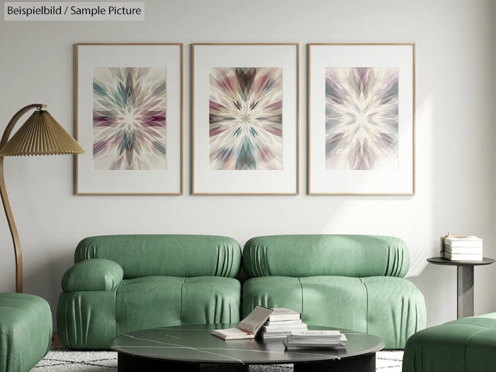 Modern living room with green sofas and abstract art prints on the wall, under warm, ambient lighting.