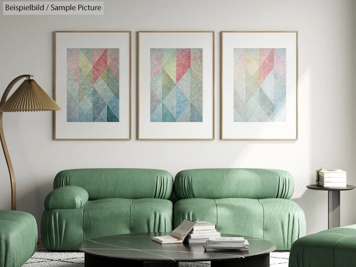 Modern living room with green sofas, abstract art on the wall, and a floor lamp.