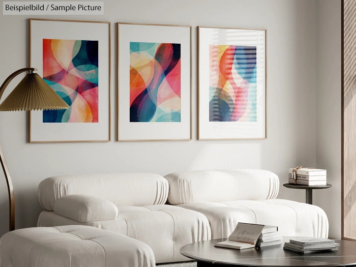 Modern living room with white sofa, abstract art prints on wall, and a round coffee table.