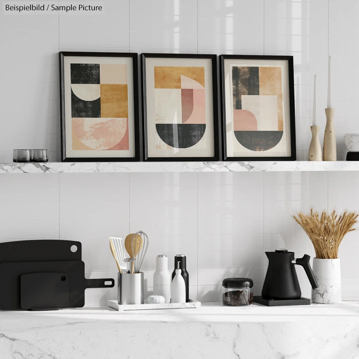 Modern kitchen shelf with abstract art, kitchen utensils, black teapot, and wheat in a minimalist style.