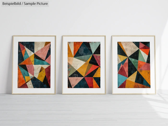 Gallery wall with three framed abstract geometric paintings in a minimalist white room.