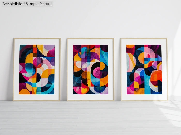 Three abstract paintings with colorful geometric shapes in frames on a light grey wall.