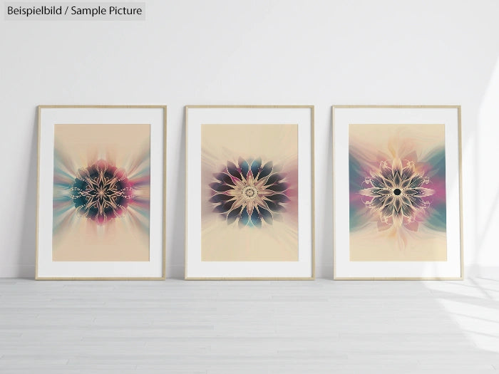 Three framed abstract artworks with starburst patterns on a light-colored wall.