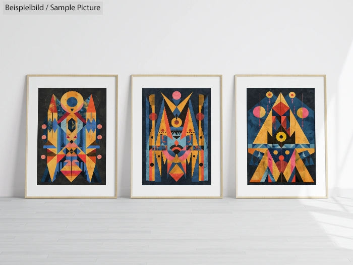 Three abstract paintings with geometric shapes and vibrant colors in frames, displayed on a light floor and wall.