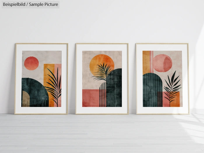 Three abstract framed artworks with geometric shapes and plant motifs in pink, orange, and green hues.