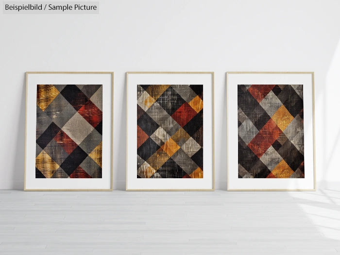 Three framed abstract art pieces with geometric patterns in red, orange, and black on a white wall.