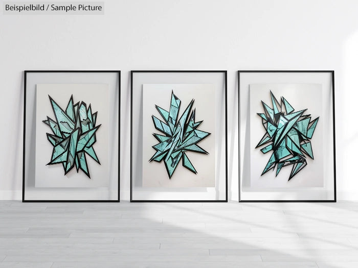 Three abstract artworks with blue geometric shapes framed on a minimalist white wall.