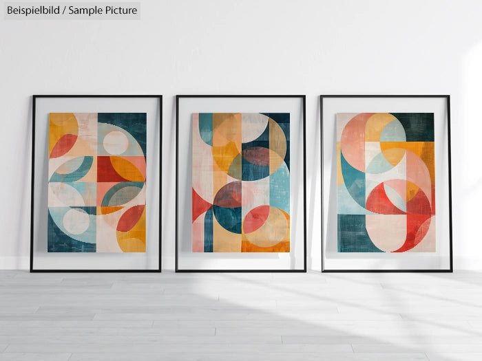 Three framed abstract paintings with geometric shapes and colorful patterns displayed against a white wall.