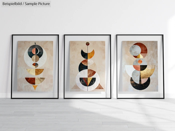 Three abstract geometric art prints in black frames on a white wall.