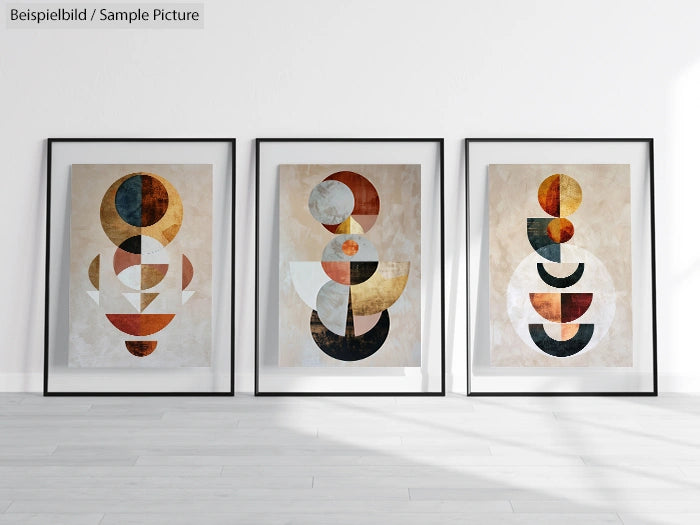 Three framed abstract geometric art prints on a white wall.