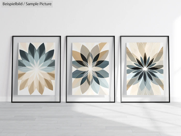 Three framed abstract floral artworks with geometric designs in neutral tones, displayed on a light-colored floor.