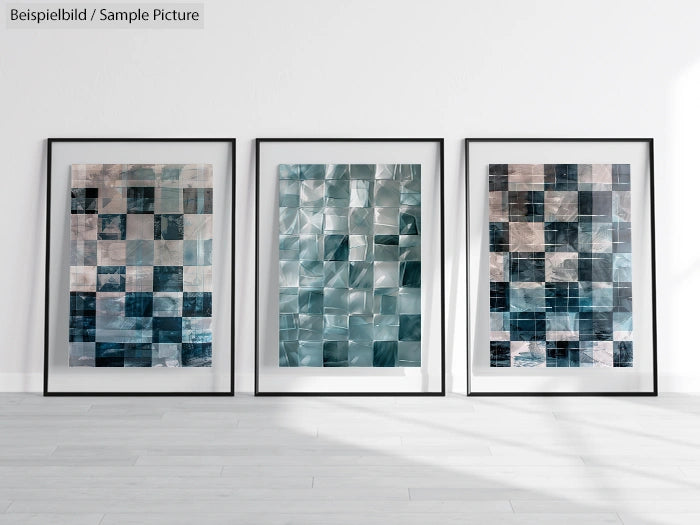 Three framed abstract artworks with green and gray geometric patterns on a white wall.