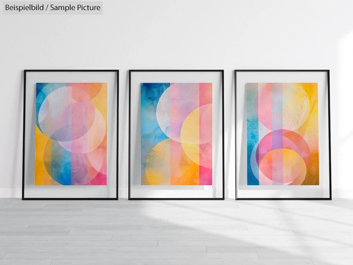 Three framed abstract paintings with overlapping colored circles in pink, yellow, and blue tones on a light background.