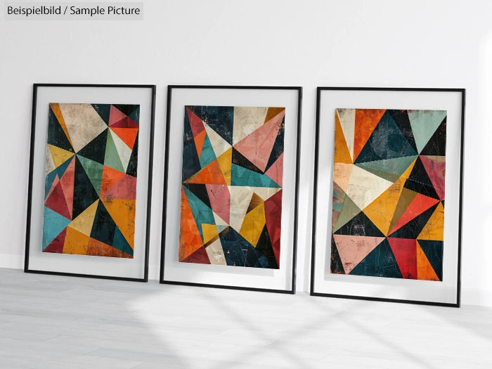 Three framed geometric abstract paintings with vibrant triangles in various colors on a light-colored wall.