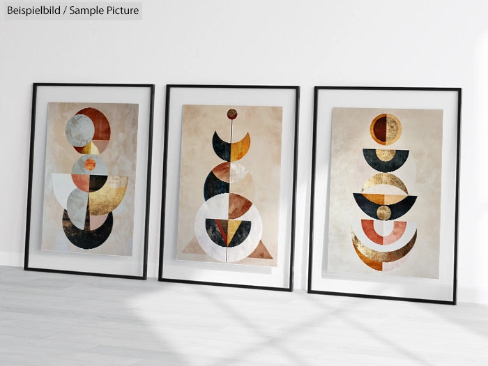 Three framed abstract geometric art prints with semi-circles and crescents in muted tones on a white wall.