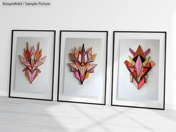 Three framed geometric art pieces with vibrant triangular shapes displayed on a white floor against a light wall.