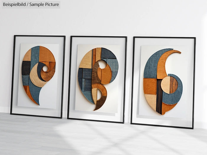 Three framed abstract artworks with geometric shapes in blue, orange, and brown hues on a white wall.