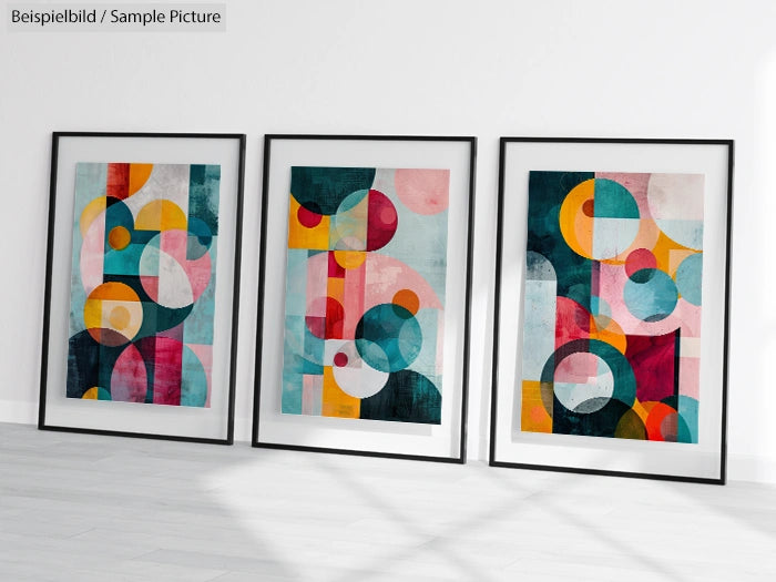 Three framed abstract art pieces with geometric shapes and vibrant colors against a white wall.