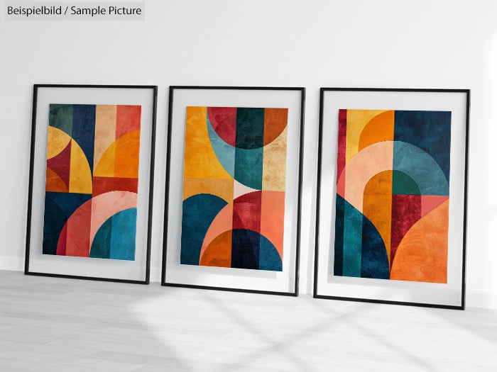 Three framed abstract paintings with colorful geometric shapes, set against a light wall.