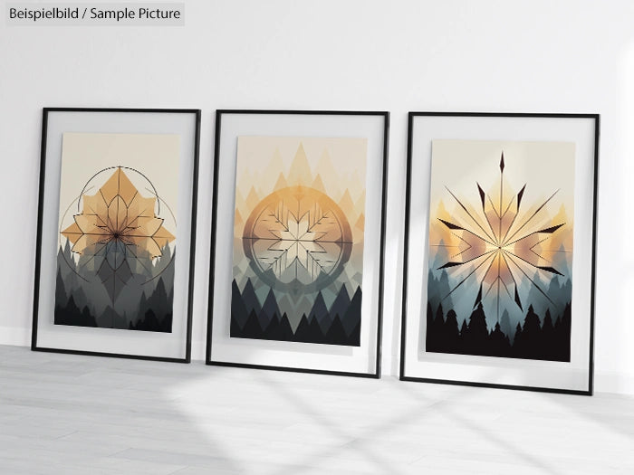 Three framed abstract geometric art pieces with dark tree silhouettes against gradient backgrounds.