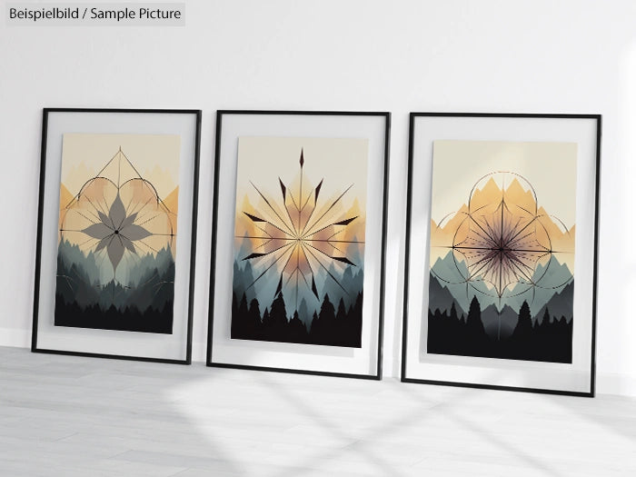 Three framed abstract art prints with geometric shapes over mountain landscapes, displayed against a white wall.