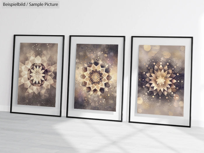 Three framed abstract geometric artworks on a white wall with soft, earthy hues and intricate starburst patterns.