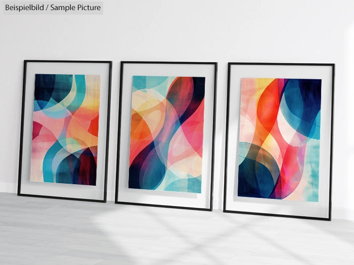 Three framed abstract paintings with colorful geometric shapes displayed on a white wall.