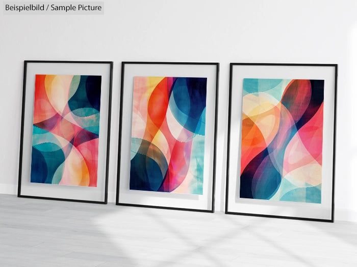 Three framed abstract paintings with vibrant, overlapping shapes in blue, red, orange, and pink on a white wall.