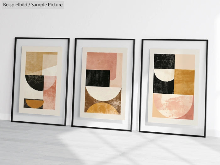 Three framed abstract geometric prints with earthy tones on a white wall.