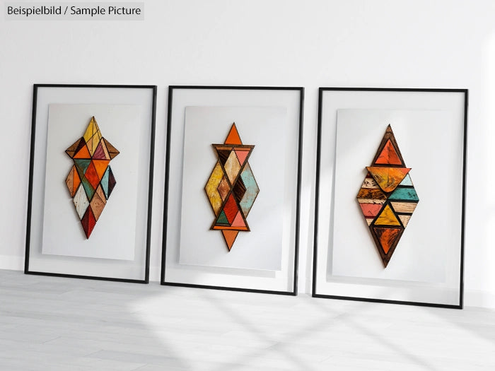 Three framed geometric artworks with colorful abstract shapes on a white wall in a minimalist gallery setting.