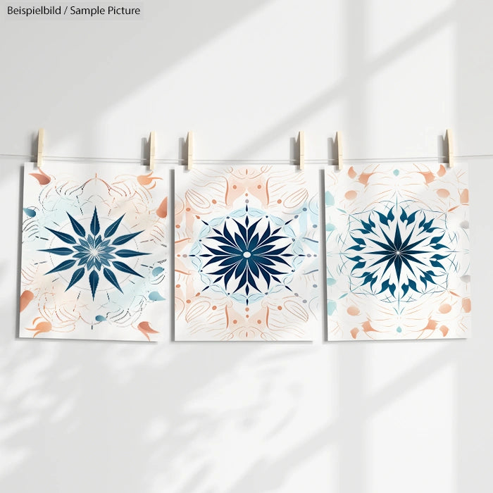 Three mandala art prints with geometric designs hanging on a clothesline in a bright, sunlit room.