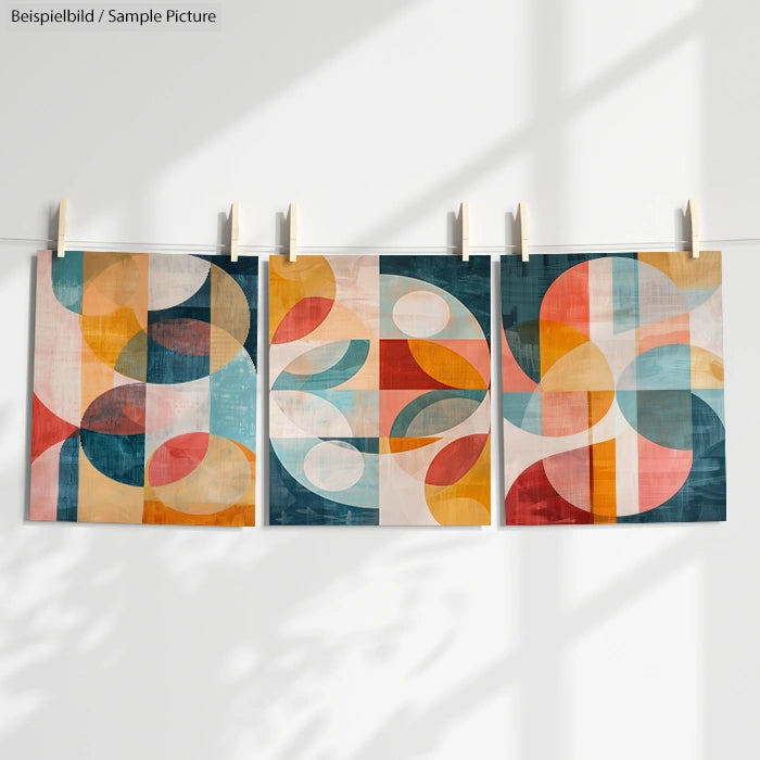 Three abstract geometric art prints with colorful shapes, hanging on a line against a white wall.