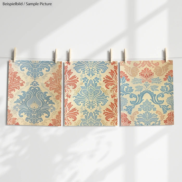 Three vintage-style patterned papers in blue, pink, and cream hues hanging on a line with clothespins.