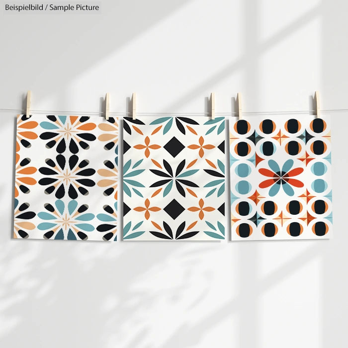 Three abstract geometric prints hanging on a line, featuring floral and circular patterns in black, orange, and teal.