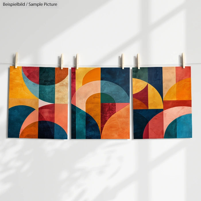 Set of three abstract geometric paintings with bold colors hanging on a line with clothespins.