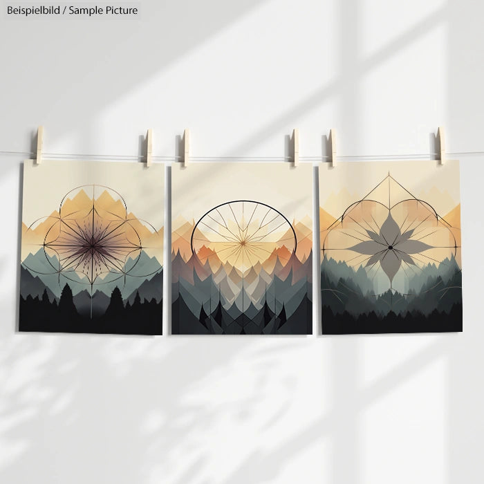 Triptych of abstract geometric landscape art on paper, with earthy tones and mountain silhouettes, hanging on a line.