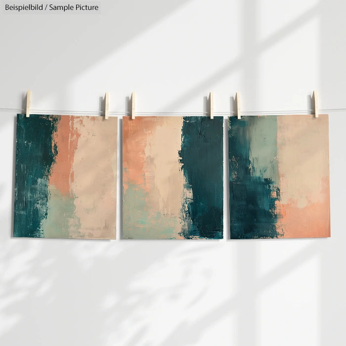 Three abstract paintings with earth tones and green hues hanging on a line with clothespins.